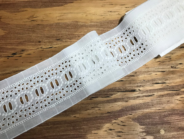 Natural White Embroidery  w/Ribbon Insert -  Broderie Anglaise  Lace  on Natural White Cotton Voile - 9 cm Wide.