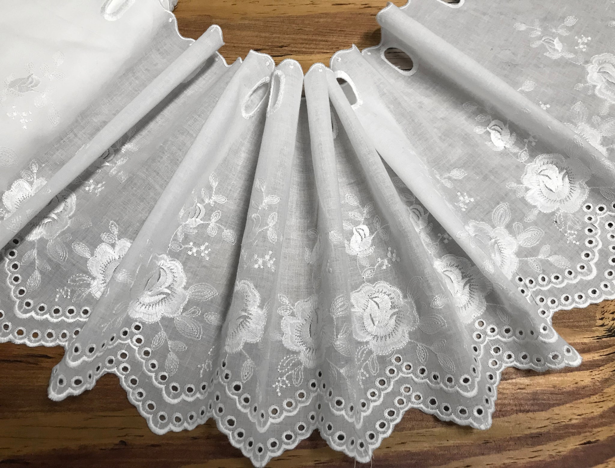 White w/Shinny Embroidery and Ribbon Insert -  Broderie Anglaise Lace on  Cotton Voile - 26 cm Wide.