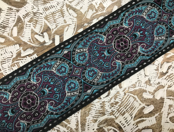 Shades of Blue/Purple/Grey with Silver Edge Stitches on Black Background - Jacquard Ribbon- 5 cm Wide.
