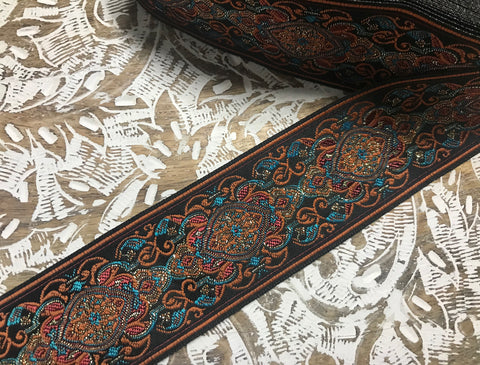Multi Color on Dark Brown Background - Embroidered Jacquard Ribbon - 5 cm Wide.