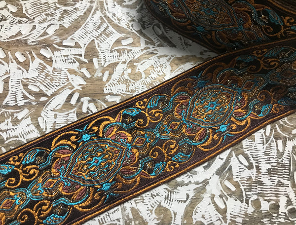 Shades of Blue/Gold on Brown Background - Jacquard Ribbon- 6 cm Wide.