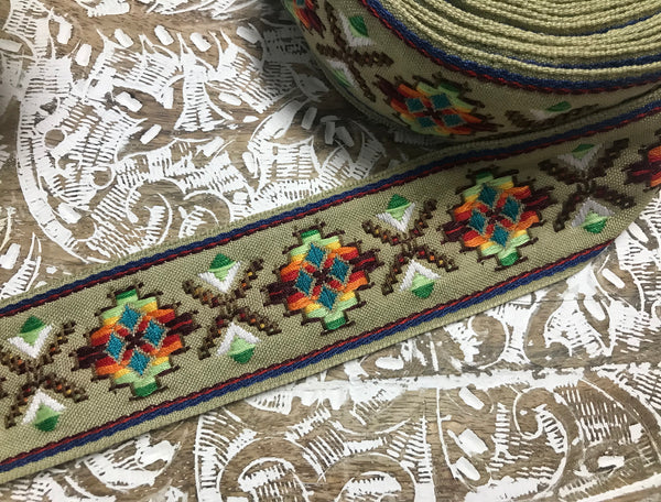Multi Color Cross Stitch - Cotton Embroidered Jacquard Ribbon - 5.3 cm Wide.