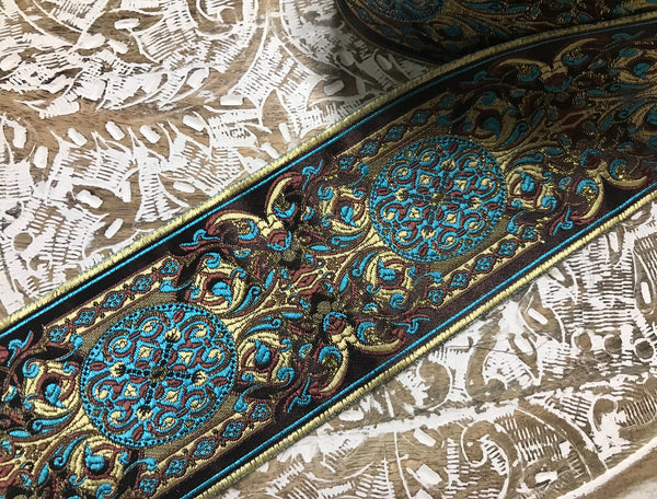 Shades of Turquoise/Brown/Beige with/Gold Filigree  on Dark Brown Background - Jacquard Ribbon- 9 cm Wide.