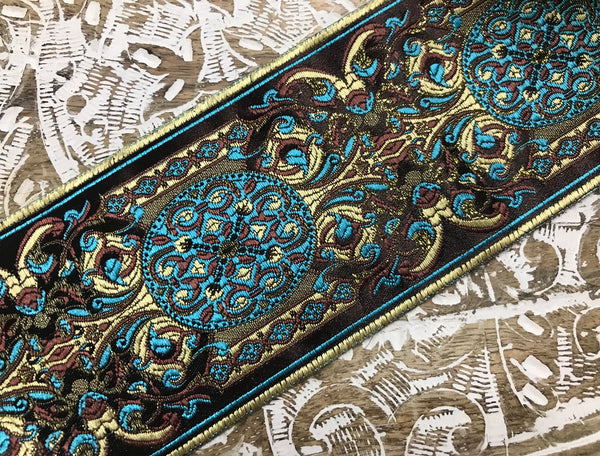 Shades of Turquoise/Brown/Beige with/Gold Filigree  on Dark Brown Background - Jacquard Ribbon- 9 cm Wide.