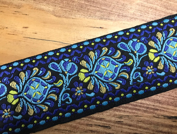 Shades of Blue/Orange/Yellow on Black Background - Embroidered Jacquard Ribbon - 5 cm Wide.