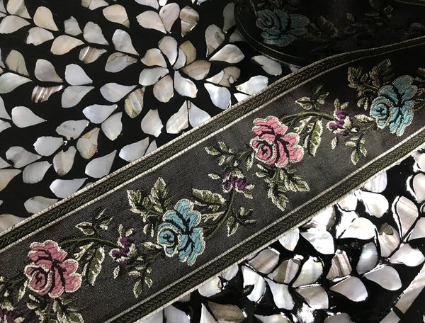 Multi Color Floral on Brown Background - Embroidered Velvet Jacquard Ribbon -  8 cm and 6 cm Width.