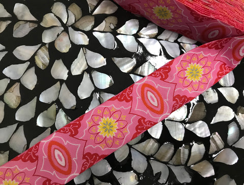 Multi Color Floral/Geometric Pattern  on Pink Background - Embroidered Jacquard Ribbon - 1.5" Wide.