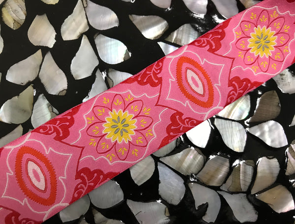 Multi Color Floral/Geometric Pattern  on Pink Background - Embroidered Jacquard Ribbon - 1.5" Wide.