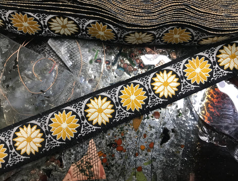 Yellow/White  on Black  Background - Embroidered Jacquard Ribbon - 7/8" Wide.