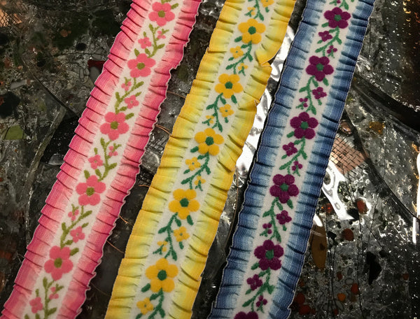 Pink/Yellow/Blue Ruffled  Elastic  - Embroidered Jacquard Ribbon - 1.1" Wide.