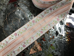 Shades of Pink on Natural Background - French Embroidered Jacquard Ribbon - 1.5"  Wide.