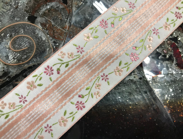 Shades of Pink on Natural Background - French Embroidered Jacquard Ribbon - 1.5"  Wide.