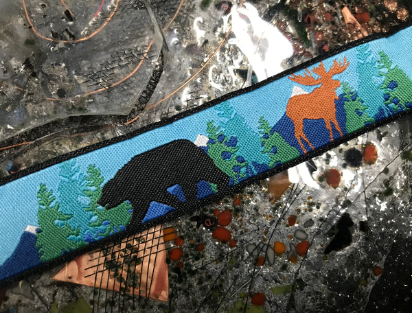 Bears and Deers on  Blue Background - Embroidered Jacquard Ribbon - 7/8" Wide.