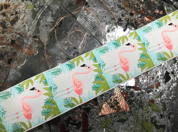 Flamingos Floral - Embroidered Jacquard Ribbon - 1.5" Wide.