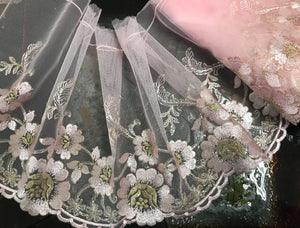 Light Pink/Gold Filigree on Light Pink Background - Embroidered Soft Tulle Lace - 18.5 cm Wide.