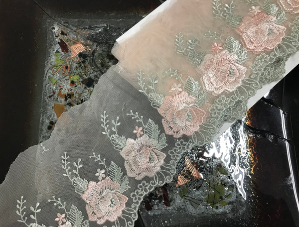 Shades of Pink/Pale Green Embroidery on Blush Background -  Soft Tulle Background - Italian Lace - 11.5 cm Wide.