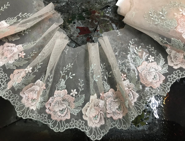 Shades of Pink/Pale Green Embroidery on Blush Background -  Soft Tulle Background - Italian Lace - 11.5 cm Wide.
