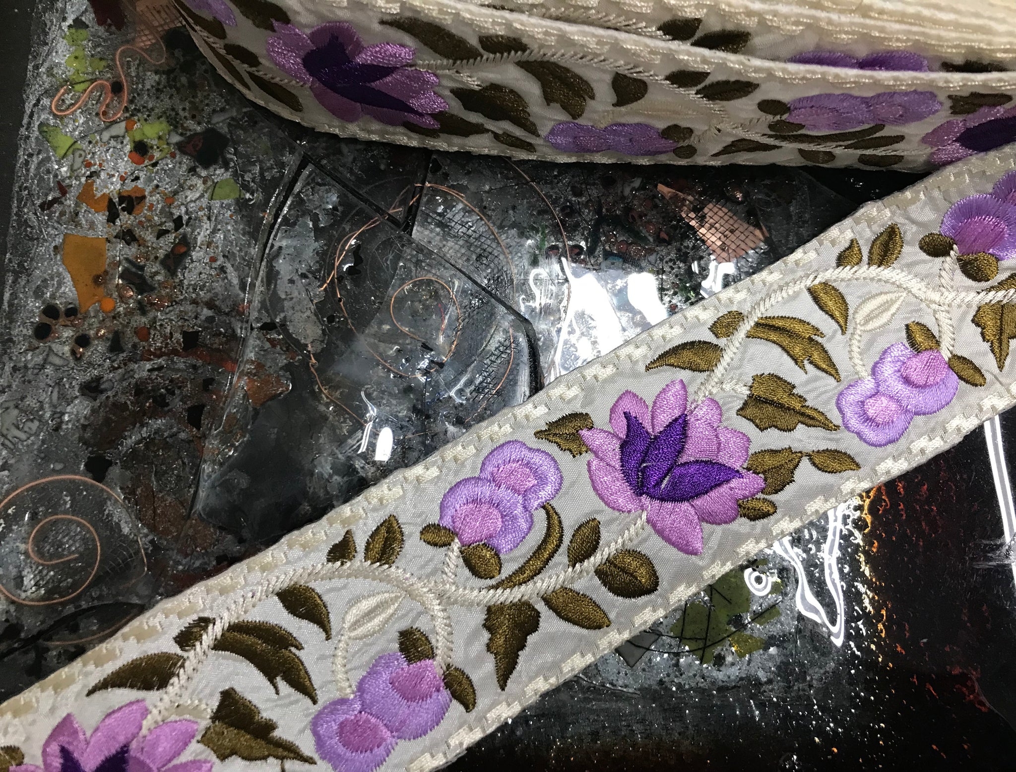 Shades of Purple/Lavender/Sage Green Floral on Off White/Ivory Background - Boho Style  Embroidered  Ribbon -  2 3/8" Wide.