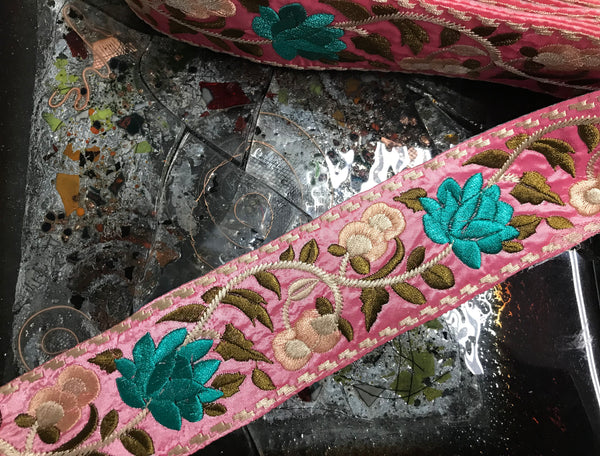 Shades of Beige/Turquoise/Sage Green Floral on Pink Background - Boho Style  Embroidered  Ribbon -  2 3/8" Wide.