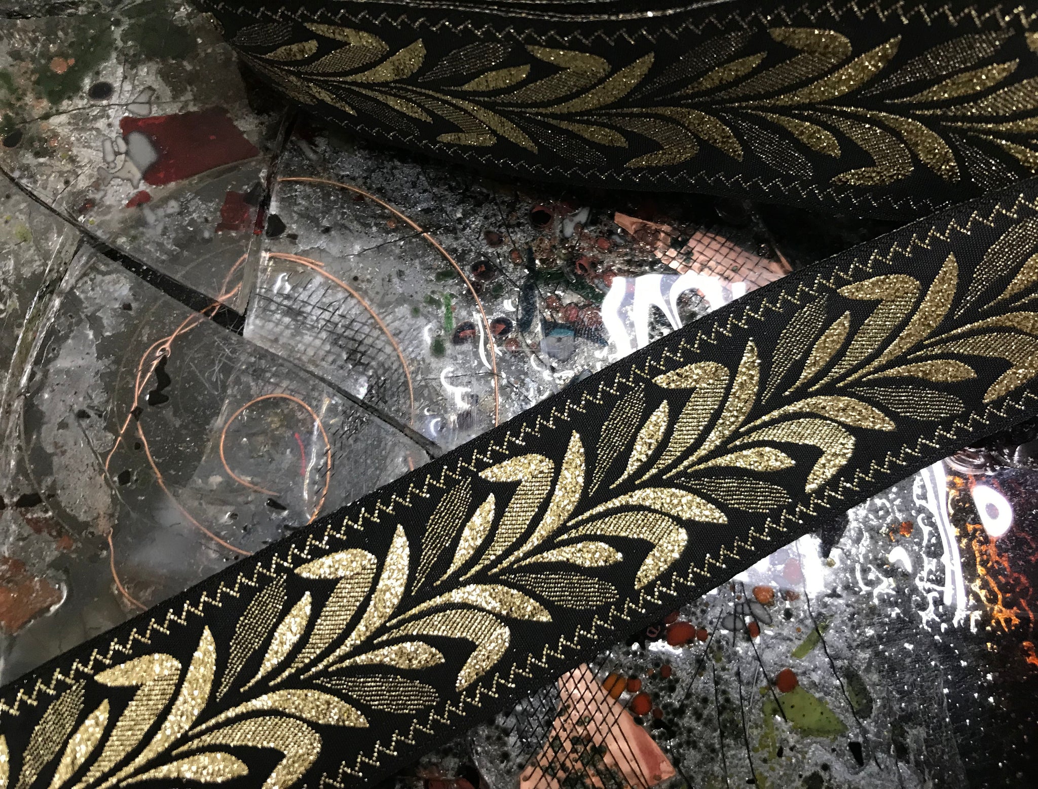 Gold Metallic on Black Background - Embroidered Jacquard Ribbon - 1.5" Wide.