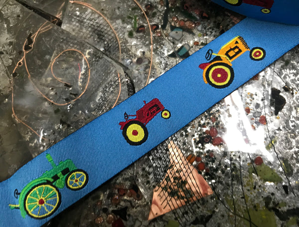 Multi Color Cars on Blue Background  - Embroidered Jacquard Ribbon - 7/8" Wide.