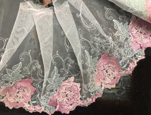 Shades of Pink/Pale Green on Off White Background - Embroidered Soft Tulle Lace - 19.5 cm Wide.