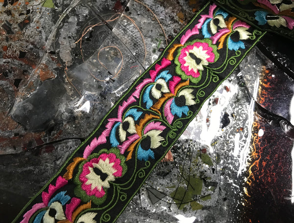 Multi Color Floral on Black Background- Boho Style  Embroidered  Ribbon -  1 6/8" Wide.