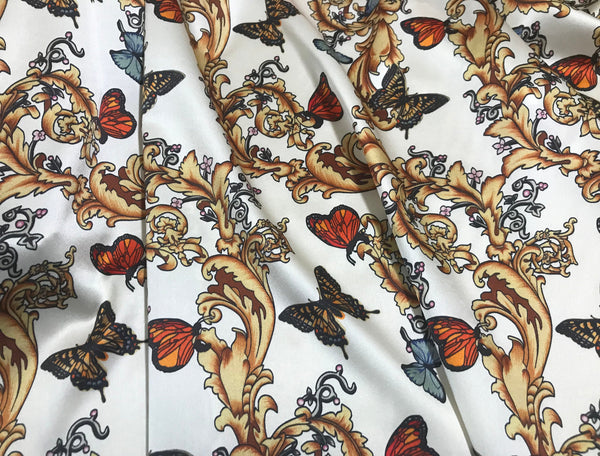 Multi Color  Floral/Butterflies  on Natural White Background - Italian Stretch Silk Satin - 19 MM - 140 cm Wide.