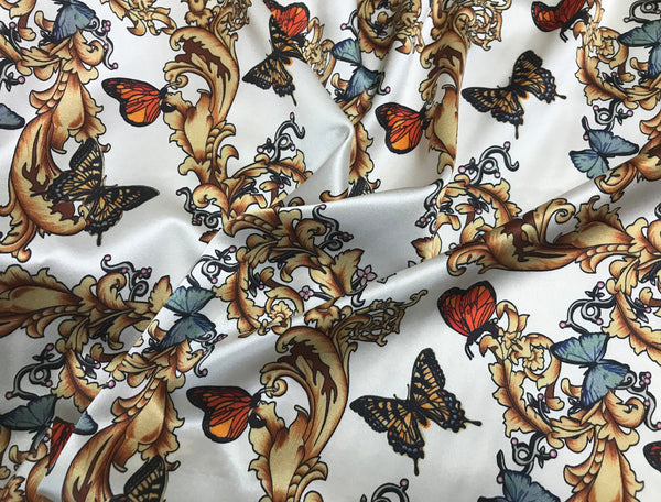 Multi Color  Floral/Butterflies  on Natural White Background - Italian Stretch Silk Satin - 19 MM - 140 cm Wide.