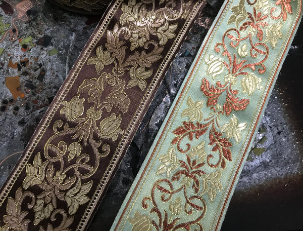 Multi Color Silky and Shinny with Gold Filigree - Embroidered Jacquard Ribbon - 6 cm Wide. In Two Styles.