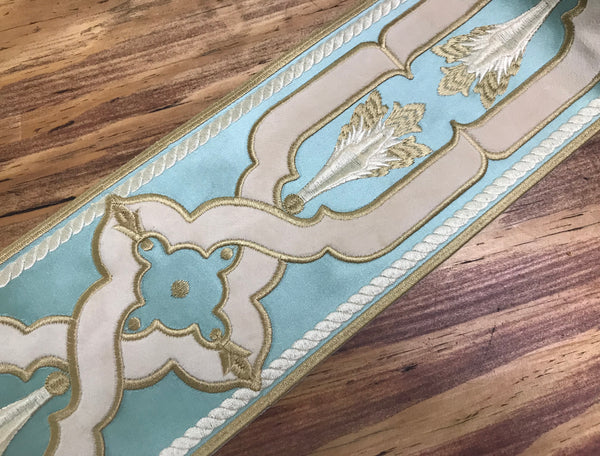 Shades of Aqua Green/Ivory - Embroidered Velvet Jacquard Ribbon - In Tree Styles and Width.