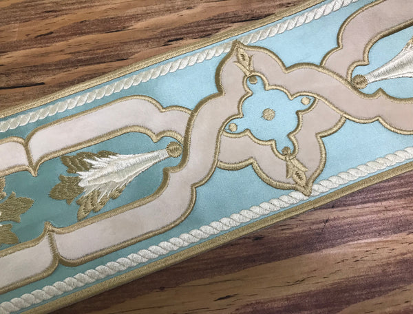 Shades of Aqua Green/Ivory - Embroidered Velvet Jacquard Ribbon - In Tree Styles and Width.