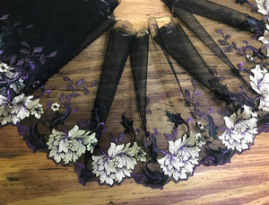 Purple/Beige/Black Floral on Black Background - Embroidered Soft Tulle Lace - 23 cm Wide.