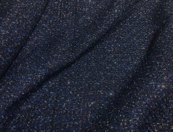 Mid Night Blue w/Ribbons, Multi Color Sequins  - Double Faced French Tweed - 148 cm Wide.