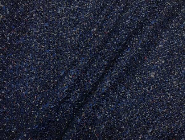 Mid Night Blue w/Ribbons, Multi Color Sequins  - Double Faced French Tweed - 148 cm Wide.