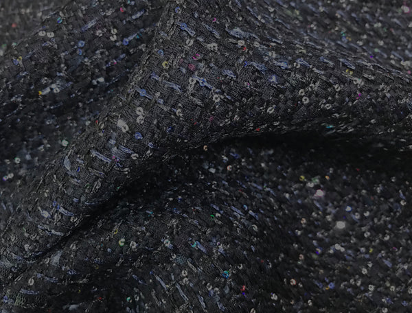 Black w/Ribbons, Multi Color Sequins  - Double Faced French Tweed - 148 cm Wide.