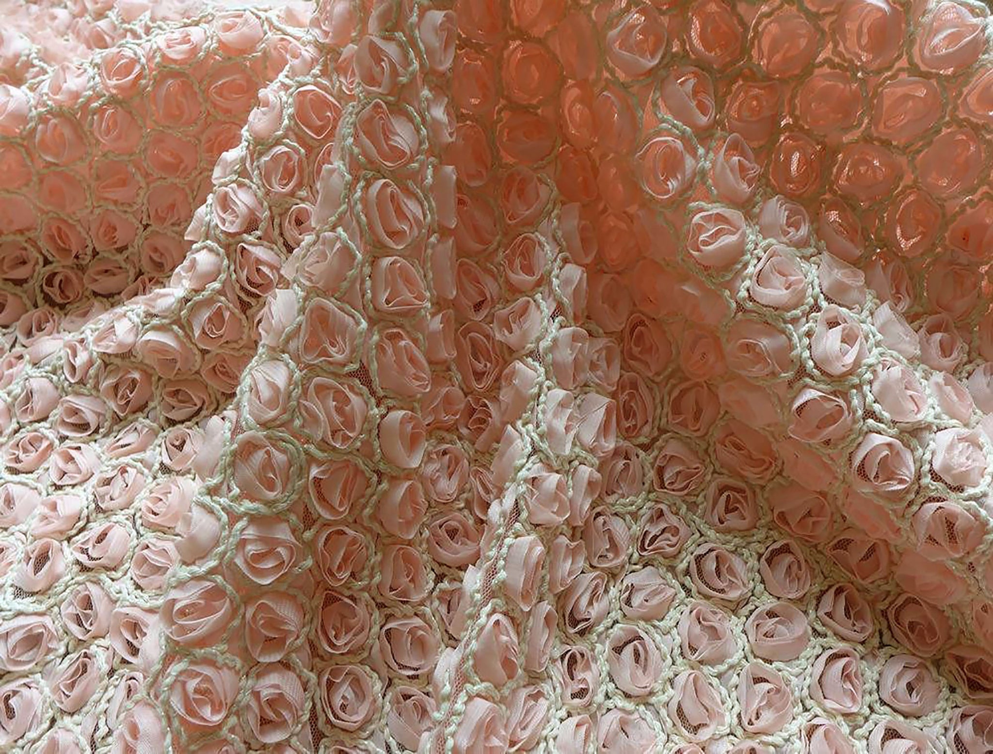 Peach Powder Small All Over Rosettes w/Ivory Rope on Pink Tulle -  Italian Lace - 148 cm Wide.