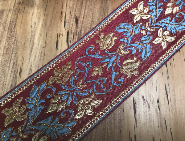Blue and Gold w/Gold Filigree Floral on  Burgundy  Background - Embroidered Jacquard Ribbon - 6 cm Wide.