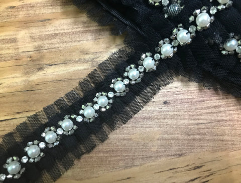 Pearls/Glass Beads/Alloy Beads  on Ruffled Tulle Background  -  Beaded Trim - 4.2 cm Wide.