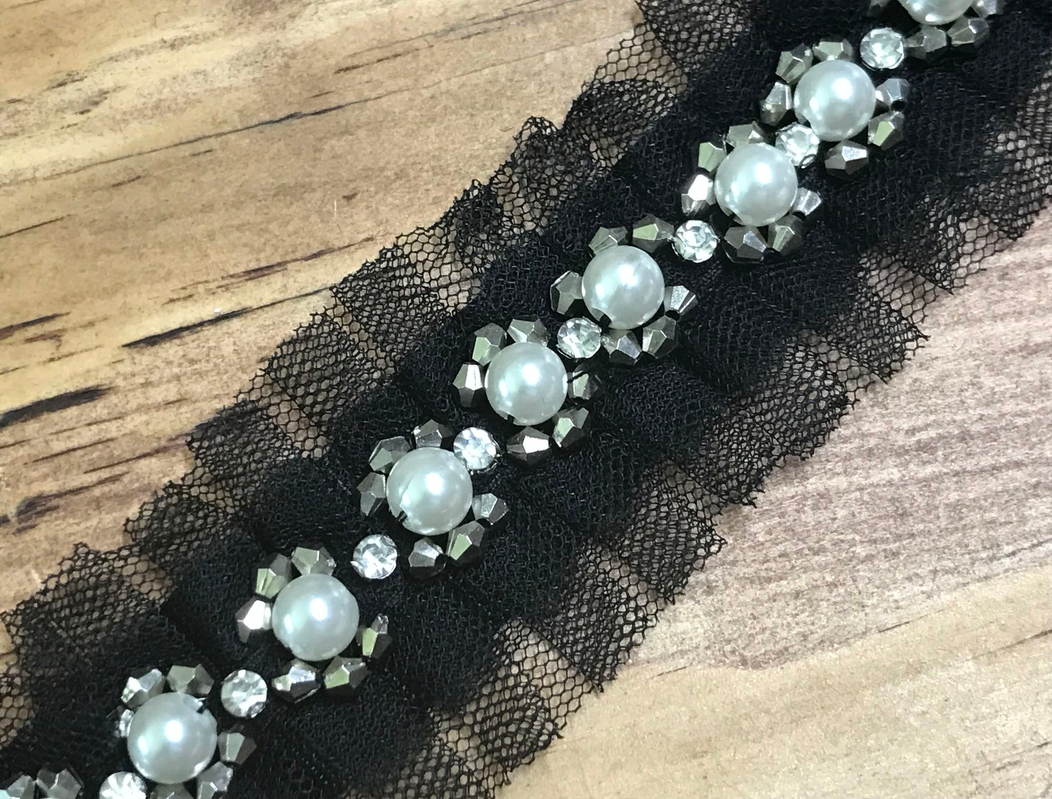 Pearls/Glass Beads/Alloy Beads  on Ruffled Tulle Background  -  Beaded Trim - 4.2 cm Wide.