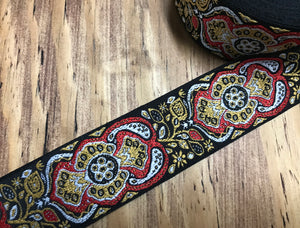 Shades of Red/Gold/White on Black Background - Jacquard Ribbon - 5 cm Wide.
