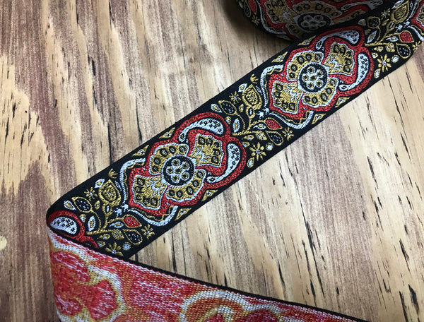 Shades of Red/Gold/White on Black Background - Jacquard Ribbon - 5 cm Wide.