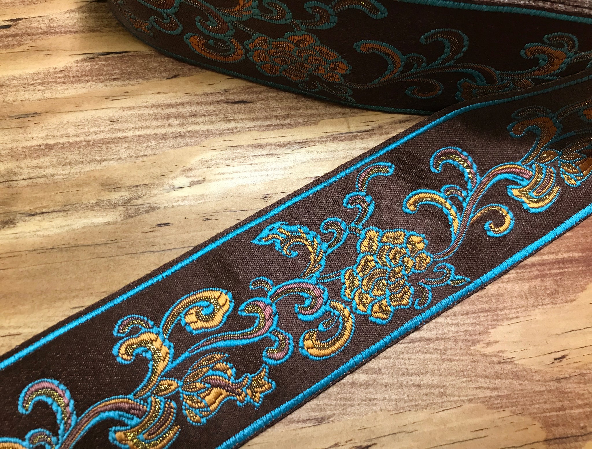Turquoise/Brown w/Gold Filigree on  Brown  Background - Embroidered Jacquard Ribbon - 6 cm Wide.