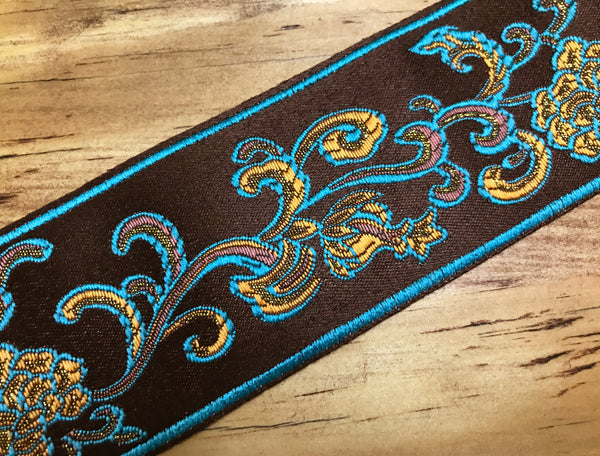 Turquoise/Brown w/Gold Filigree on  Brown  Background - Embroidered Jacquard Ribbon - 6 cm Wide.