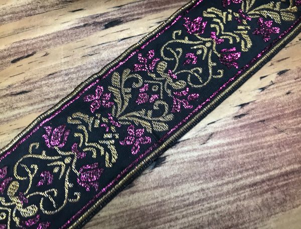 Raspberry/Gold on Black Background - Embroidered Jacquard Ribbon - 5 cm Wide.