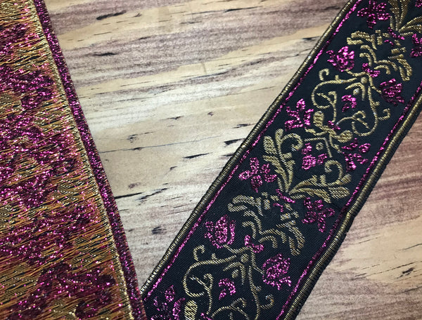 Raspberry/Gold on Black Background - Embroidered Jacquard Ribbon - 5 cm Wide.