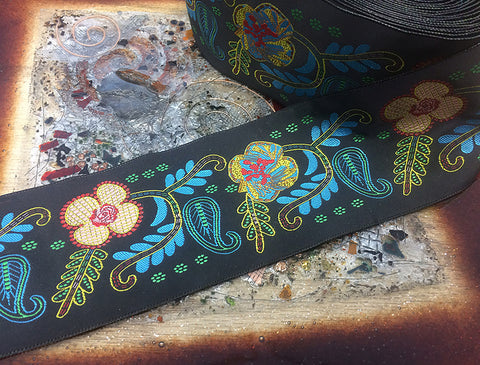 Multi Color Floral on Black  Background - Embroidered  Jacquard Ribbon- 7.5 cm Wide.