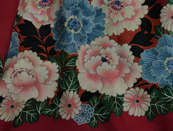 Multi Color Floral Border on Dark Red- Silk Crepe de Chine - 16 MM Weight - 111 cm Width x 115 cm Length.