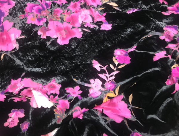 Shades of Pink/Green/gold Floral on Rose Background - Italian Burnt-Out Silk Velvet - 116 cm Wide.