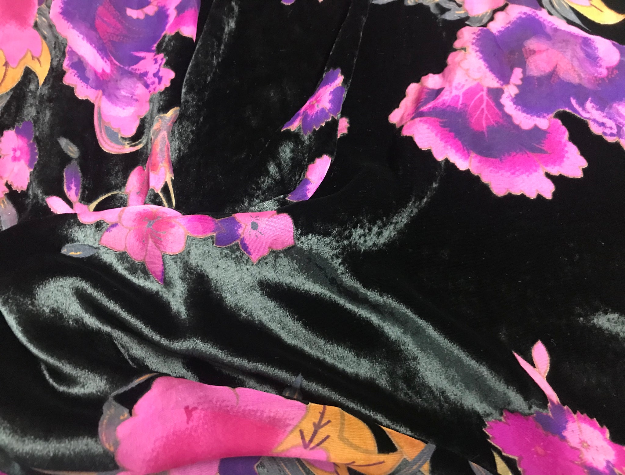 Shades of Pink/Green/gold Floral on Rose Background - Italian Burnt-Out Silk Velvet - 116 cm Wide.